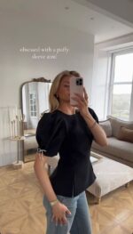 Black Puff Sleeve Top With Pearl Tie