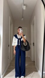 Navy and White Wide Leg Pants Set - Image 2