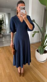 Navy Puff Sleeve Midi Dress - Image 2
