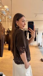 Brown Lace Trim Short Sleeve Top - Image 2