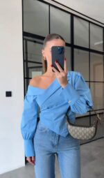 Blue Asymmetric Off Shoulder Blouse