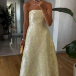 Strapless Floral Jacquard Midi Dress