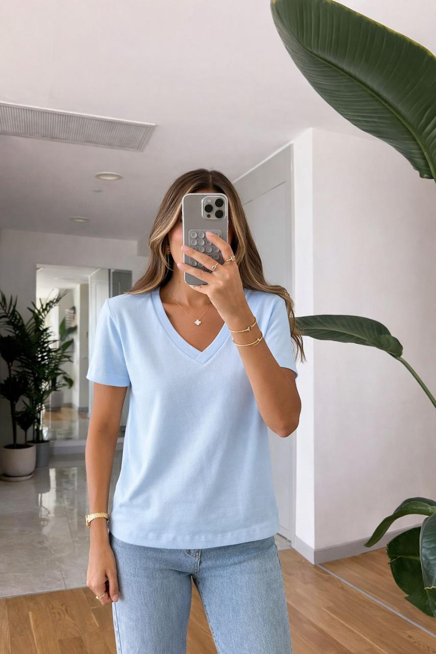 4e0baff4-c367-4bcf-ab30-2e555973c66b.jpg Light Blue V-Neck Short Sleeve T-Shirt - Image 1