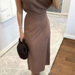 Brown Sleeveless Boat Neck Midi Dress