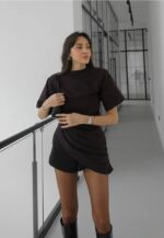 Brown Ruched Asymmetric T-Shirt