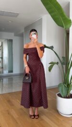 Burgundy Off Shoulder Polka Dot Dress
