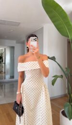 White Off Shoulder Polka Dot Midi Dress - Image 3