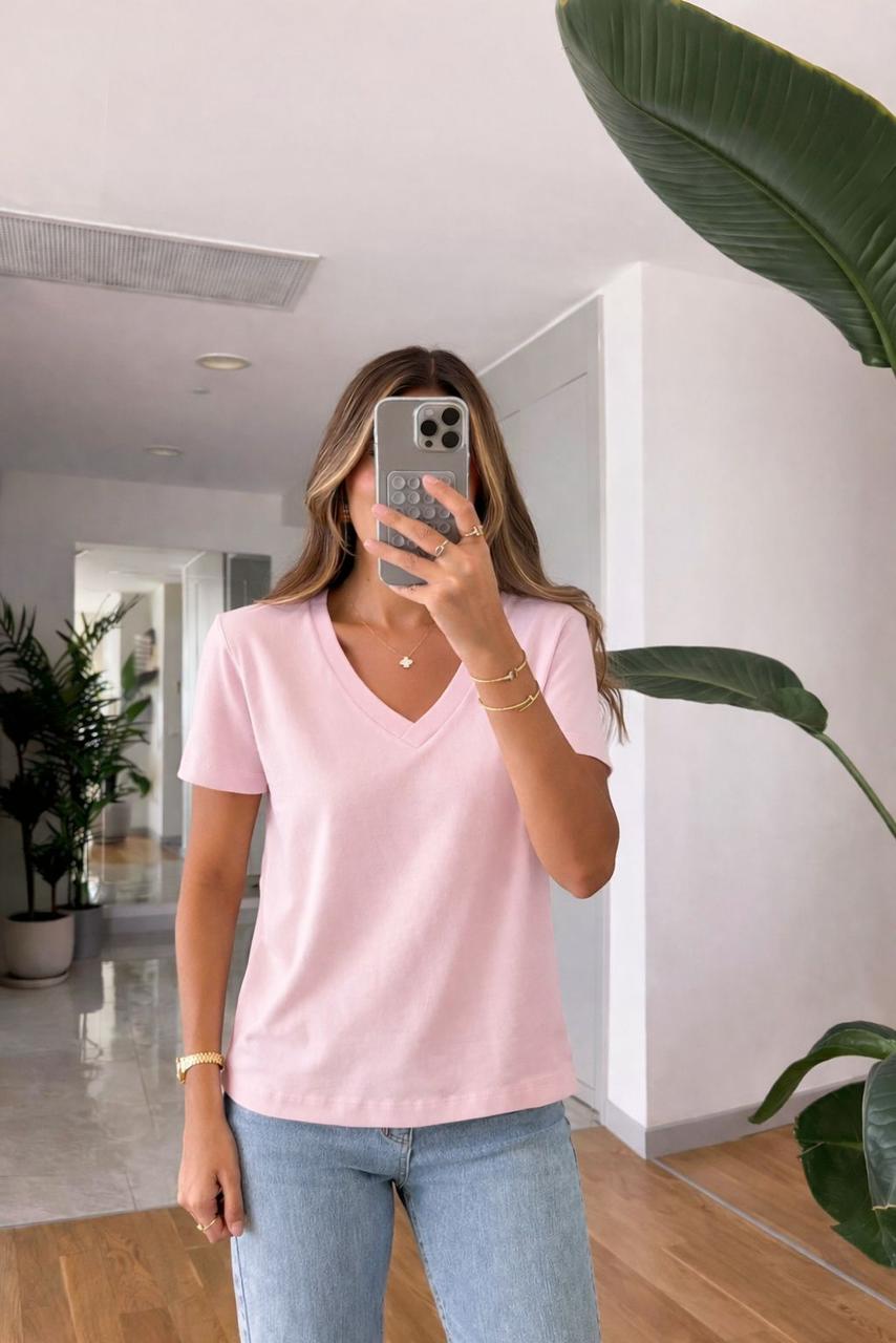 63f587f6-cba6-4f79-abc2-7fd49d833bcb.jpg Light Pink V-Neck T-Shirt - Image 1