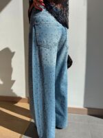 Blue High-Waisted Rhinestone Straight Jeans - Image 3