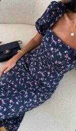 Navy Floral Puff Sleeve Maxi Dress - Image 2