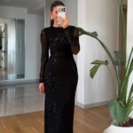 Black Sequin Mesh Long Sleeve Dress