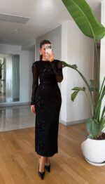 Black Sequin Mesh Long Sleeve Dress