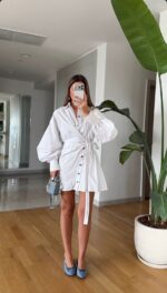 White Button Down Shirt Dress With Belt - Image 2