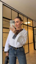 White Button Up Shirt With Black Lace
