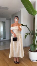 White Off Shoulder Polka Dot Midi Dress