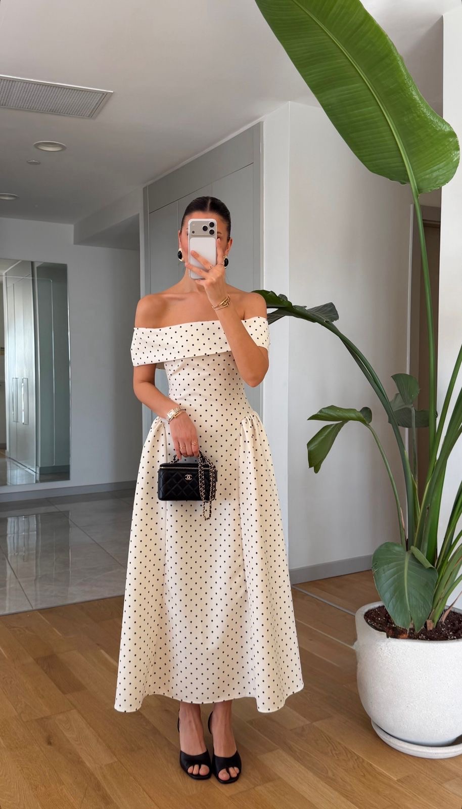 7b395f94-5766-4e45-a45a-708a78db14ec White Off Shoulder Polka Dot Midi Dress - Image 1