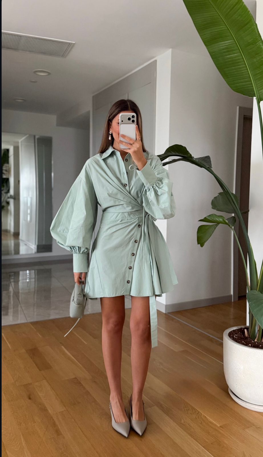 7cb488ce-17f0-4921-83cf-97788a4257bf.jpg Mint Green Button-Up Shirt Dress - Image 1