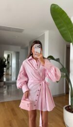 Pink Wrap Shirt Dress With Balloon Sleeves - Image 2