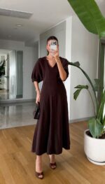 Brown Puff Sleeve V-Neck Midi Dress - Image 4
