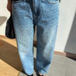 Blue High-Waisted Rhinestone Straight Jeans