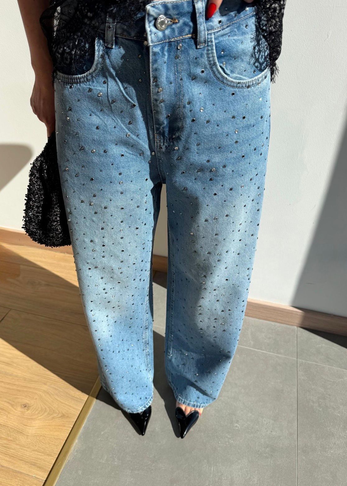 872f41f0-9a66-4dc3-8347-87b7dca25701 Blue High-Waisted Rhinestone Straight Jeans - Image 1