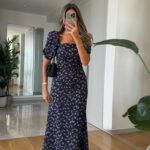 Navy Floral Puff Sleeve Maxi Dress