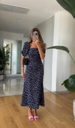 Navy Floral Puff Sleeve Maxi Dress