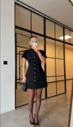Black Short Sleeve Button Front Dress