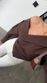 Brown Asymmetric Off Shoulder Blouse - Image 2