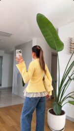 Yellow Ribbed Cardigan With Lace Hem - Image 2