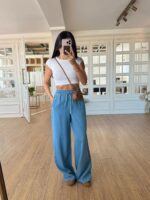 Light Blue Wide Leg Drawstring Pants