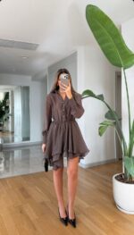 Brown Long Sleeve Ruffle Hem Dress - Image 2