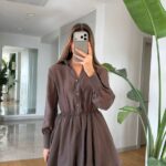 Brown Long Sleeve Ruffle Hem Dress