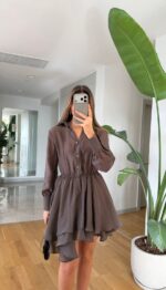 Brown Long Sleeve Ruffle Hem Dress