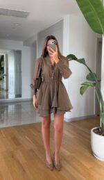 Khaki Long Sleeve Ruffle Hem Dress - Image 2