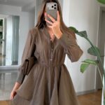 Khaki Long Sleeve Ruffle Hem Dress