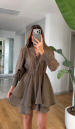 Khaki Long Sleeve Ruffle Hem Dress