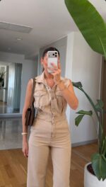 Sleeveless Beige Denim Jumpsuit - Image 2