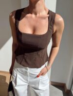 Brown Square Neck Sleeveless Top - Image 2