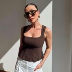 Brown Square Neck Sleeveless Top