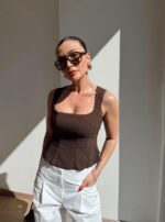 Brown Square Neck Sleeveless Top