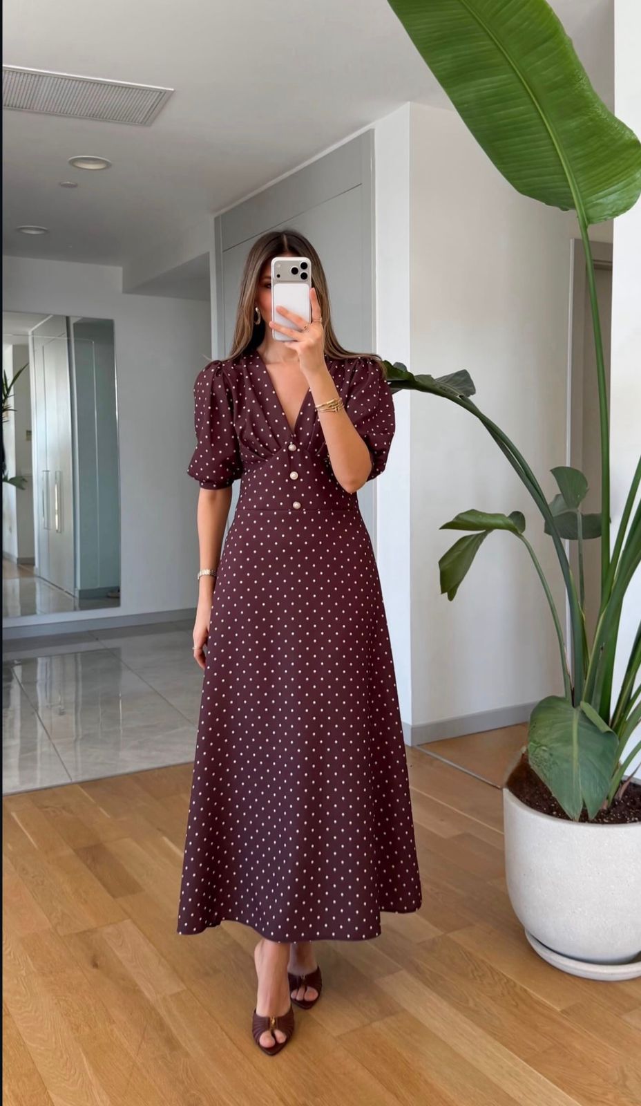 WhatsApp Image 2026-03-12 at 12.50.19 PM Brown Polka Dot Puff Sleeve Dress - Image 1