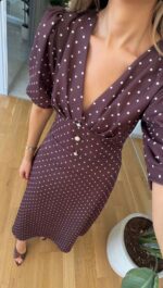 Brown Polka Dot Puff Sleeve Dress - Image 2