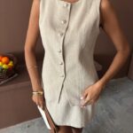 Beige Button Front Top With Skirt