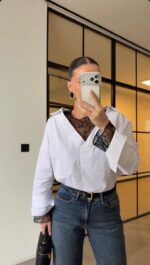 White V-Neck Shirt With Lace Trim