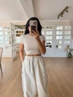 Beige Short Sleeve Fitted Top - Image 2