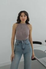 Mink Ribbed Lace Trim Top