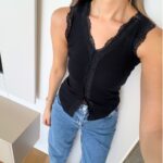 Black Lace Trim Ribbed Tank Top