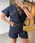 Dark Denim Short Sleeve Romper - Image 2