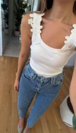 White Lace Strap Ribbed Tank Top - Image 2
